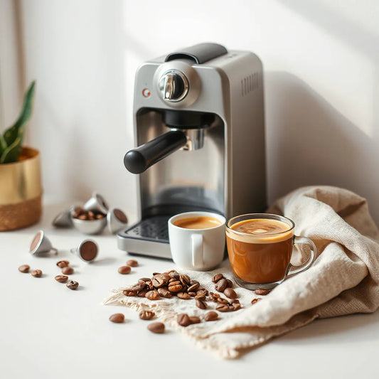 Coffee pods and a cup of freshly brewed coffee on a minimal light background with coffee beans