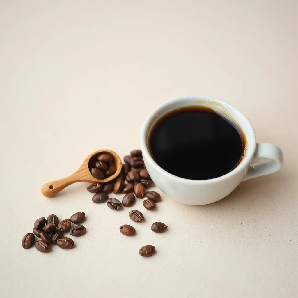 Cup of medium dark roast coffee with scattered roasted beans and a wooden scoop on a neutral background