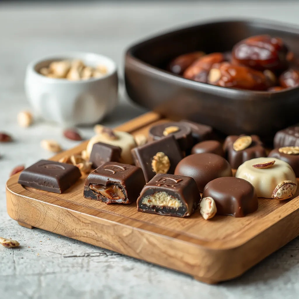 Assorted dark chocolate pieces with pistachio and date accents on a wooden tray