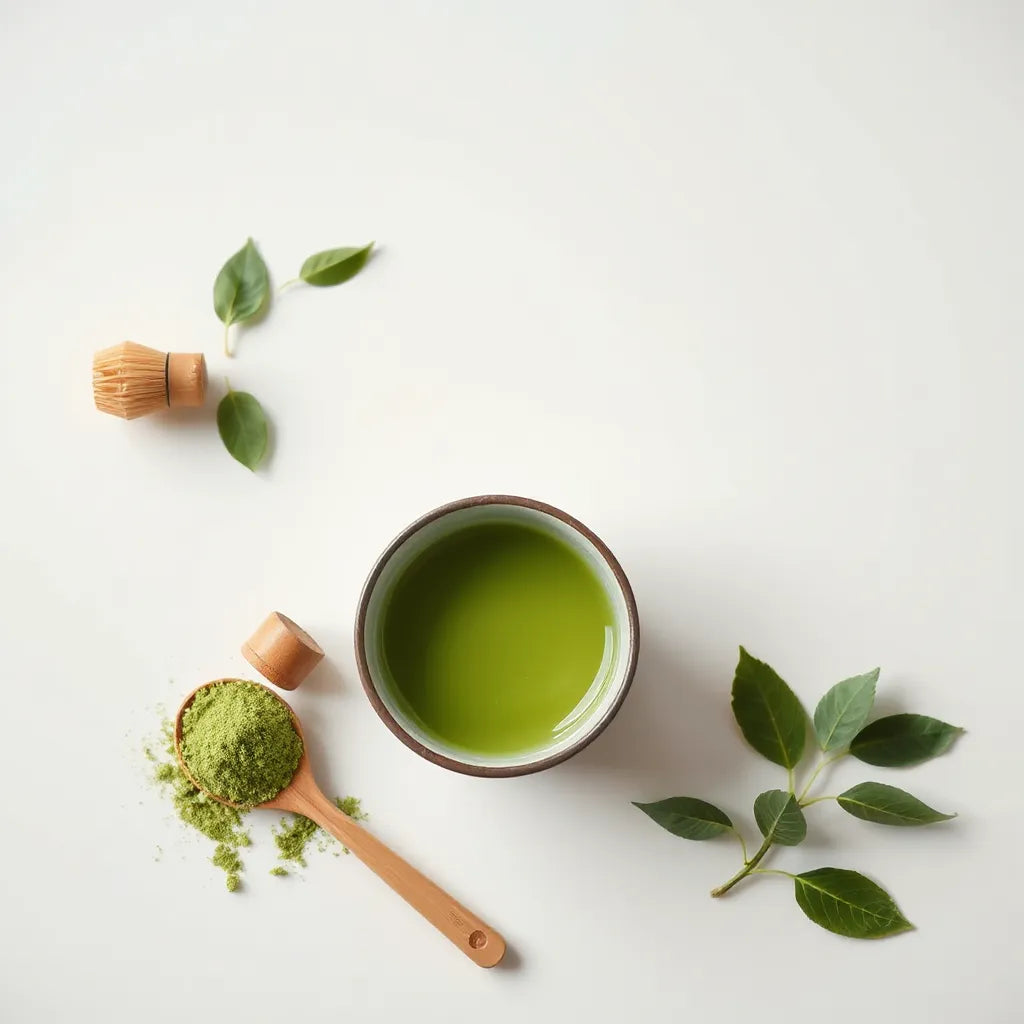 Ceremonial matcha tea in a bowl with bamboo whisk and fresh green tea leaves on a light background