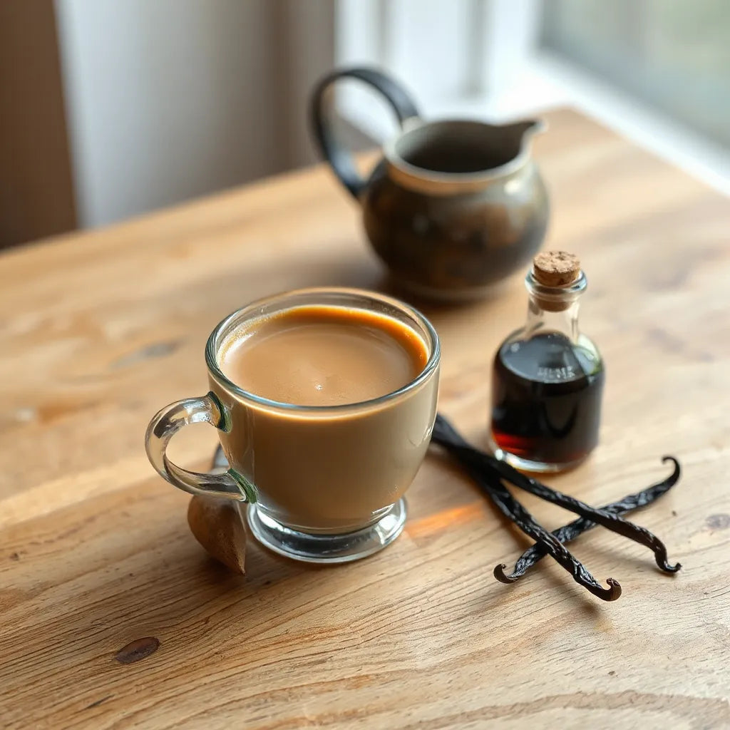 Hot cup of French vanilla coffee with vanilla extract bottle and vanilla pods on a wooden table