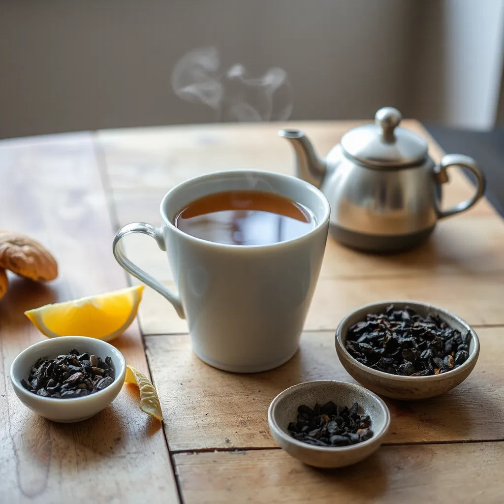 Steaming cup of Earl Grey tea with black tea leaves and a bergamot citrus slice on a wooden table