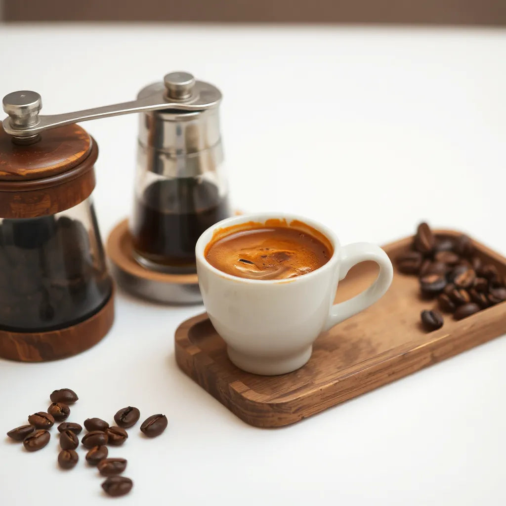 Espresso cup with rich crema beside dark coffee beans and grinder on a wooden tray
