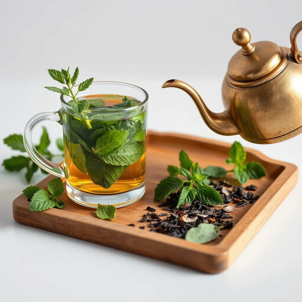 Glass of green mint tea with fresh spearmint leaves and a brass teapot pouring