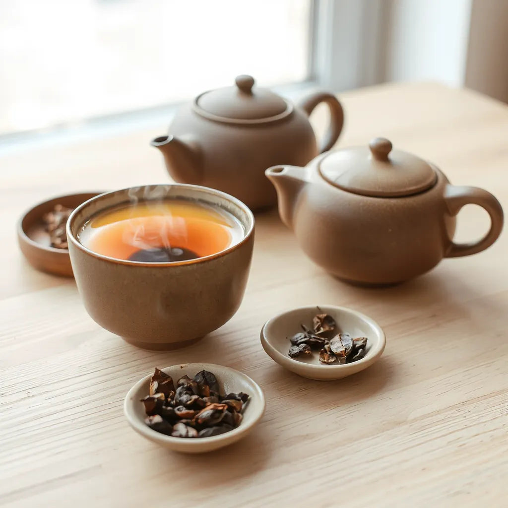 Amber cup of steaming hojicha tea with roasted leaves on a wooden table