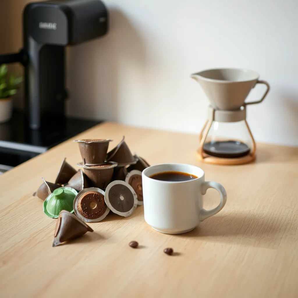 Coffee pods and a cup of freshly brewed coffee on a wooden surface with warm natural light
