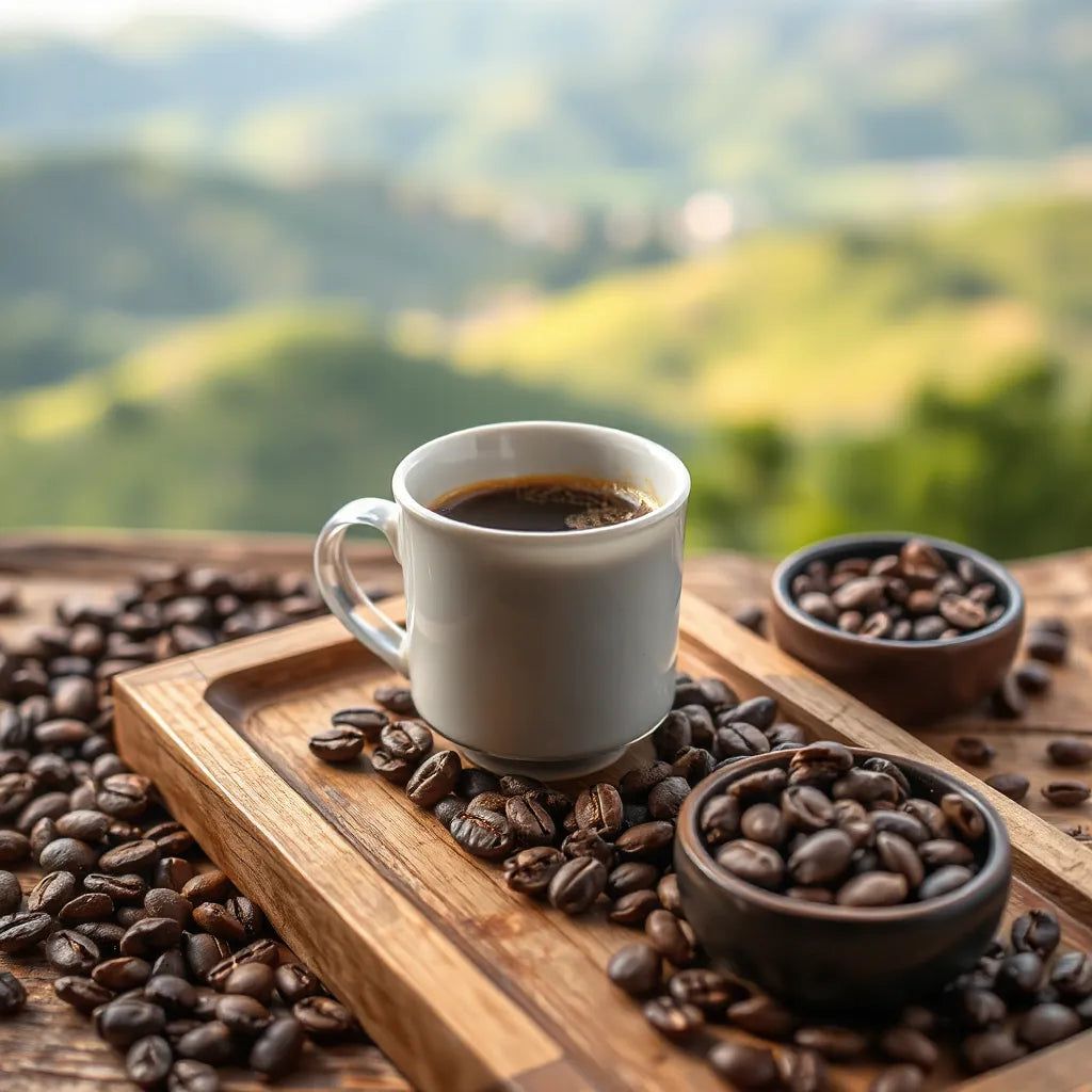 Cup of pour-over coffee with roasted Kenya coffee beans on a wooden tray