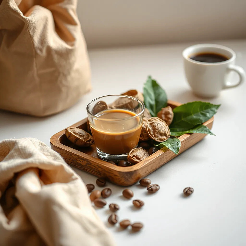 Assorted coffee pods with a cup of brewed coffee and coffee beans on a wooden tray